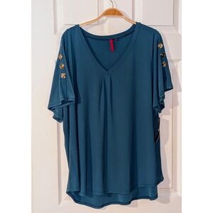 Love Scarlett Blue V-Neck Tunic‎ Top with Gold Button Detail Size 2X NWT